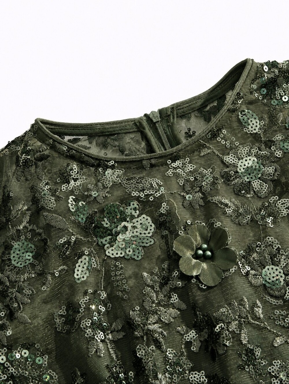 New Luxe Sequin Long Dress Flutter Short Sleeve Olive Green - Picture 8 of 12